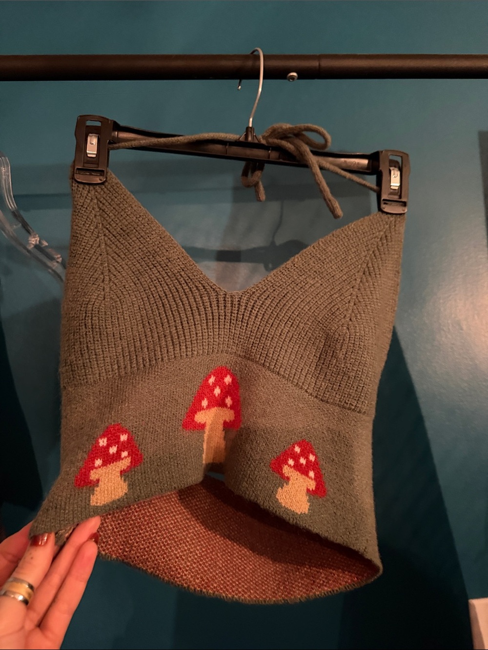 ROMWE Olive Green Knit tank top with Red Mushroom Motifs